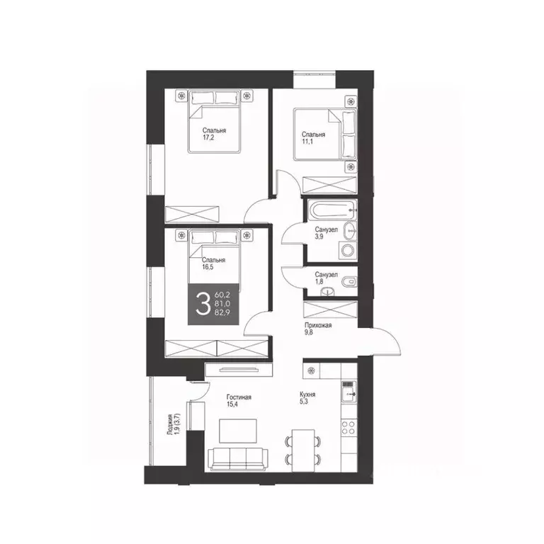 3-к кв. Татарстан, Альметьевск ул. Гафиатуллина, 60 (82.9 м) - Фото 0