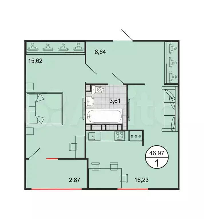 1-к. квартира, 47 м, 2/9 эт. - Фото 0