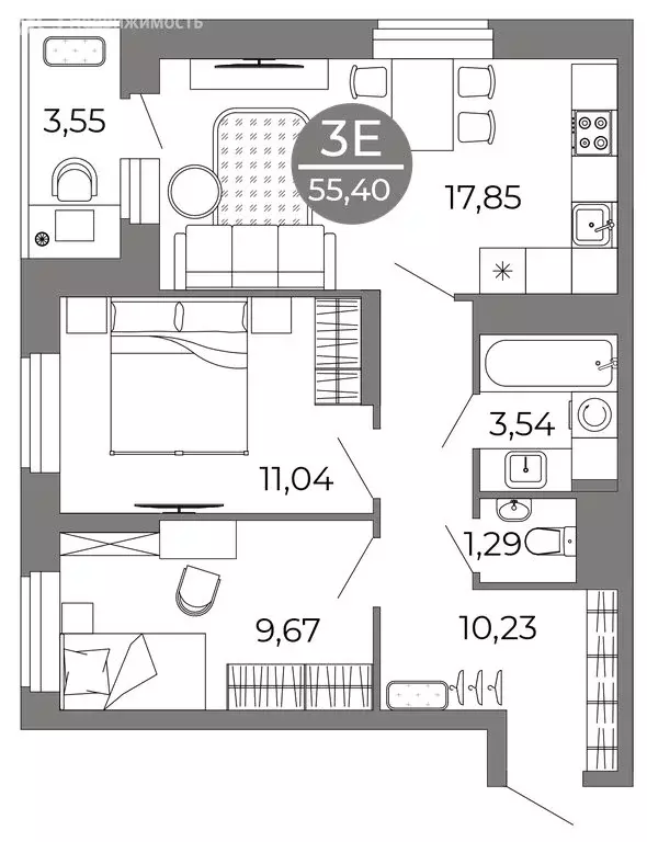 3-комнатная квартира: Воронеж, улица Кривошеина, 13/14 (55.4 м) - Фото 0