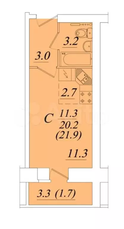 Квартира-студия, 21,9 м, 9/9 эт. - Фото 1