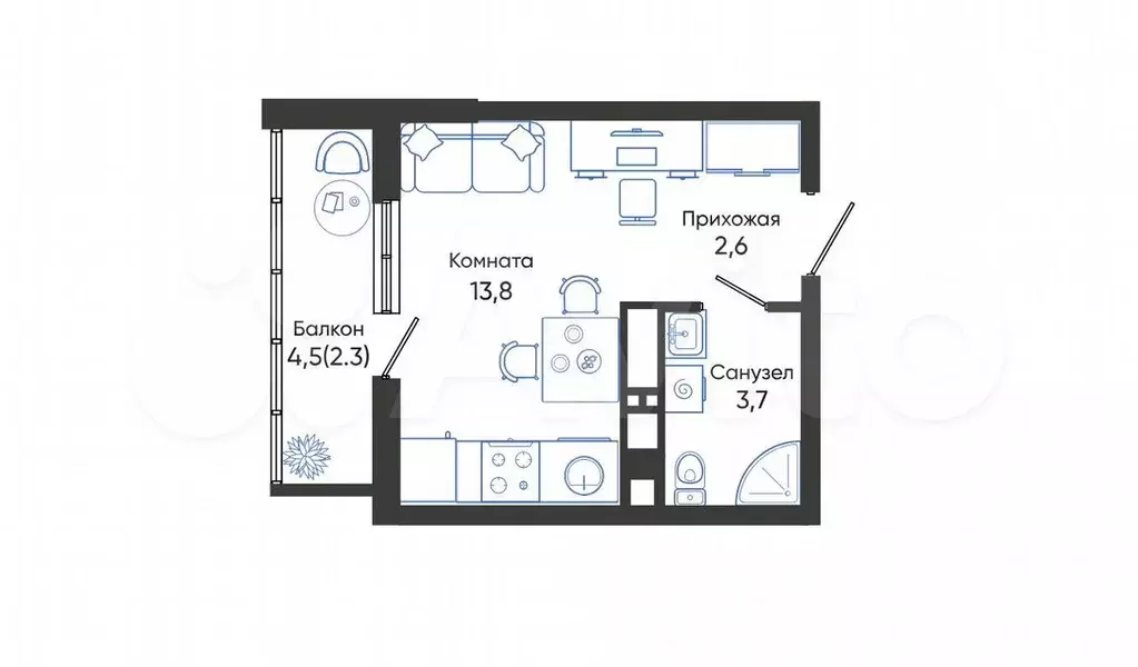 Квартира-студия, 22,4 м, 15/24 эт. - Фото 1
