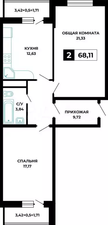 2-к. квартира, 68,1 м, 7/12 эт. - Фото 0