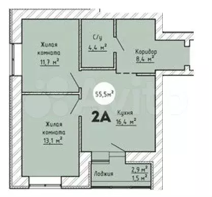 2-к. квартира, 55,5м, 4/9эт. - Фото 1