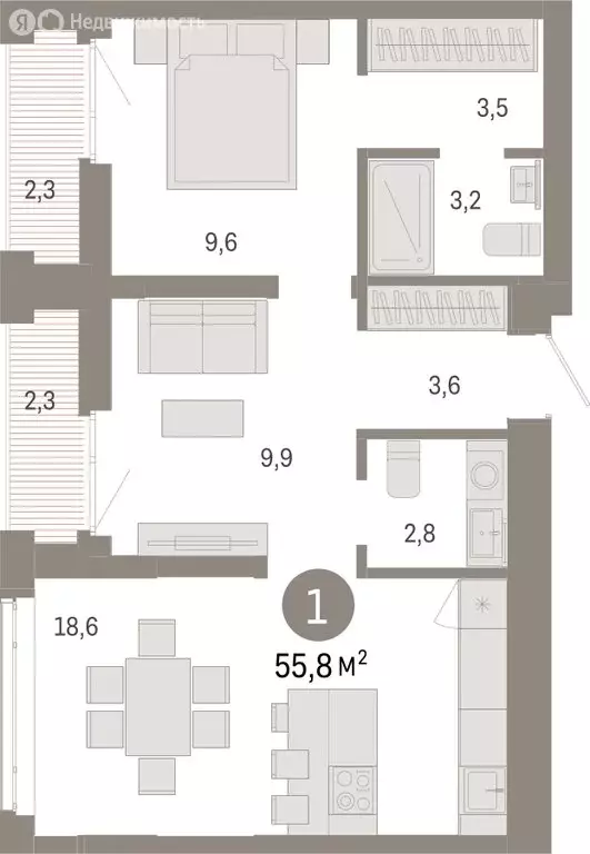 1-комнатная квартира: Тюмень, Ленинский округ (55.76 м) - Фото 1