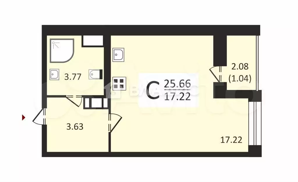 квартира-студия, 25,7 м, 3/16 эт. - Фото 0