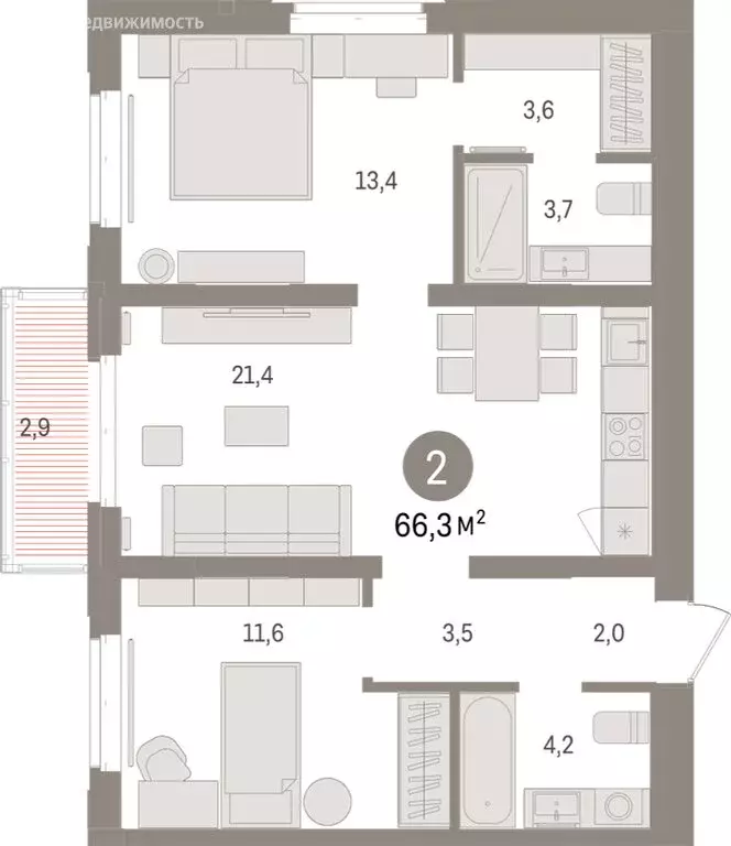 2-комнатная квартира: Тюмень, жилой комплекс На Минской (66.34 м) - Фото 1