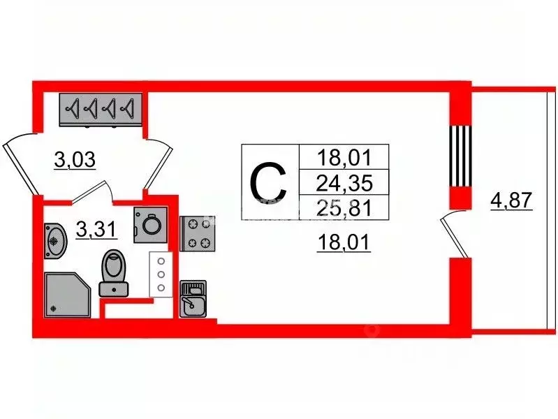 Студия Санкт-Петербург ул. Летчика Лихолетова, 14к2 (24.3 м) - Фото 2
