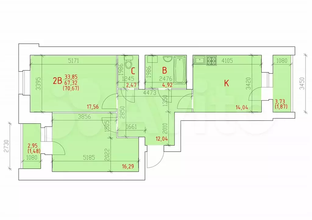 2-к. квартира, 70,7 м, 13/14 эт. - Фото 1