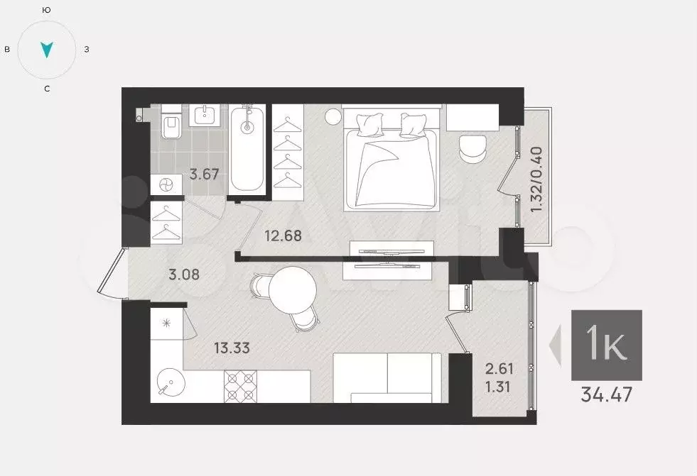1-к. квартира, 34,5 м, 9/9 эт. - Фото 1
