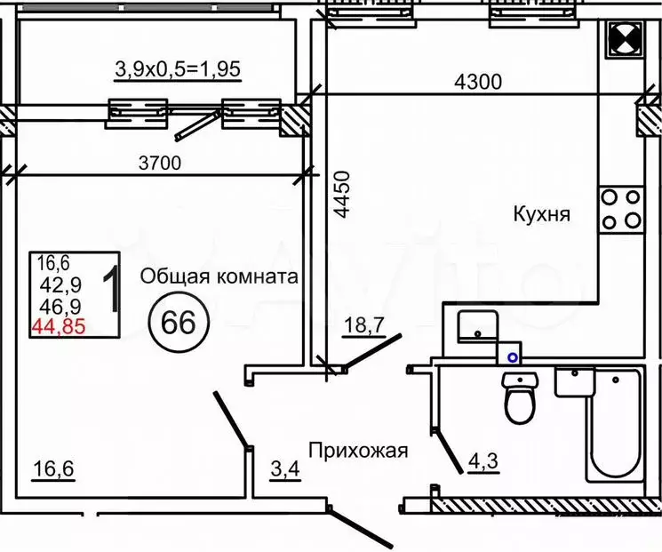 1-к. квартира, 44,9м, 1/9эт. - Фото 1