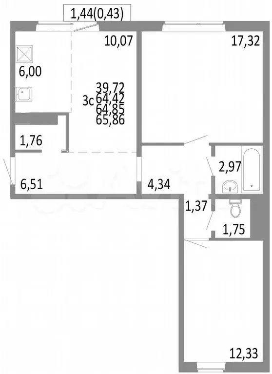 3-к. квартира, 64,9 м, 8/10 эт. - Фото 0