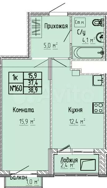 1-к. квартира, 38,9 м, 10/10 эт. - Фото 0