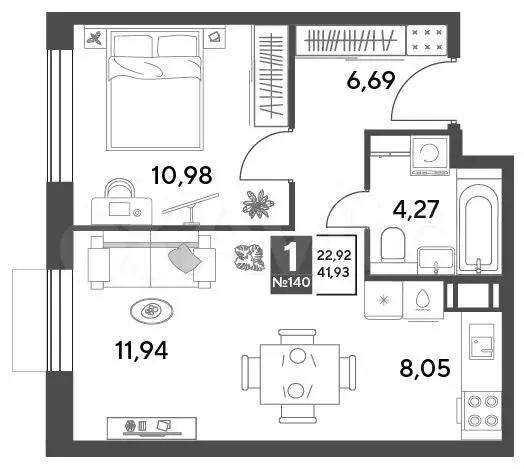 1-к. квартира, 41,9 м, 8/10 эт. - Фото 0