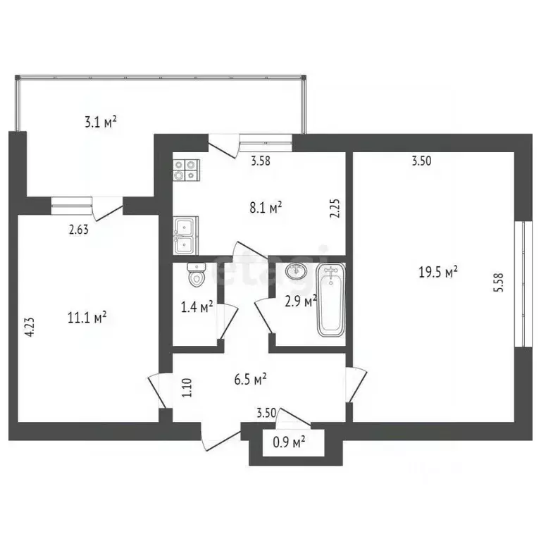 2-к кв. Крым, Бахчисарай ул. Мира, 14 (53.4 м) - Фото 1