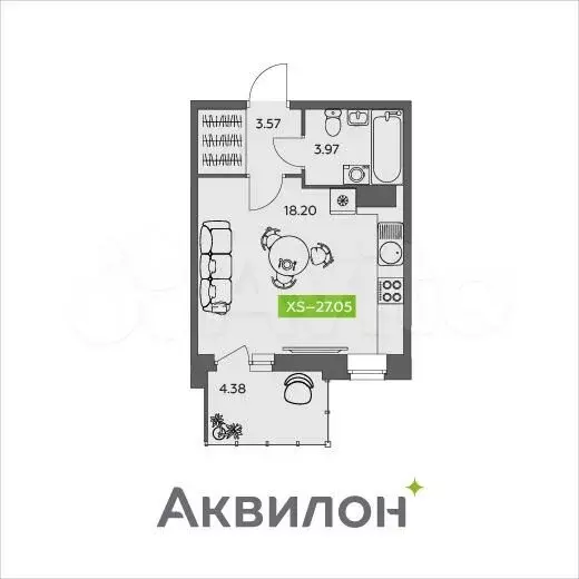 квартира-студия, 27,1 м, 5/9 эт. - Фото 0