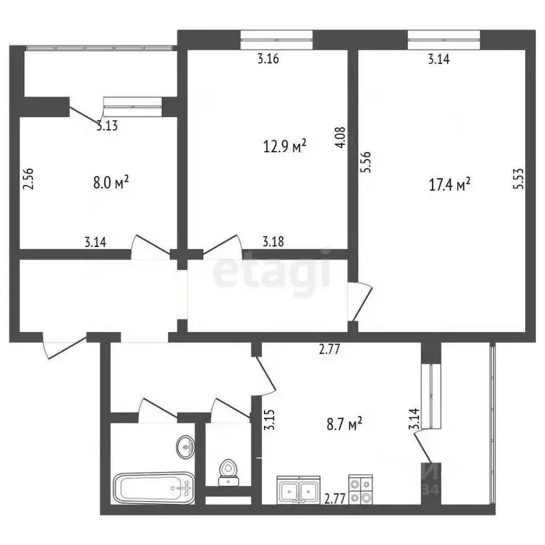 3-к кв. Белгородская область, Белгород ул. Есенина, 48 (63.0 м) - Фото 2