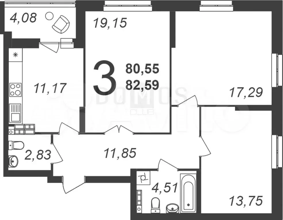 3-к. квартира, 80,6 м, 2/9 эт. - Фото 0