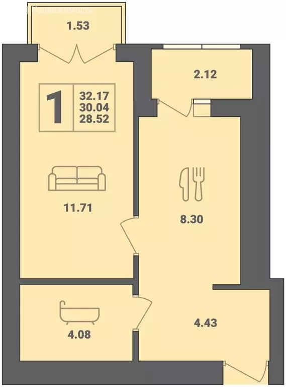 1-комнатная квартира: Пионерский, улица Гептнера, 19 (32.17 м) - Фото 0