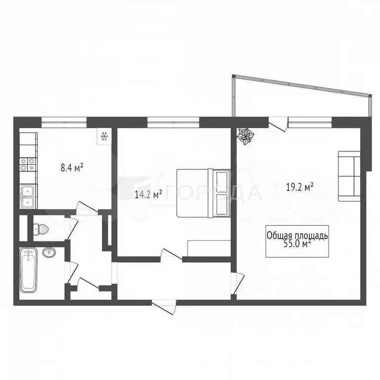 2-к. квартира, 55 м, 5/9 эт. - Фото 1