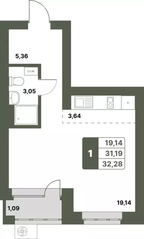 1-комнатная квартира: Уфимский район, село Миловка (32.28 м) - Фото 0