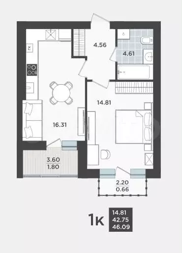 1-к. квартира, 42,8 м, 9/9 эт. - Фото 1