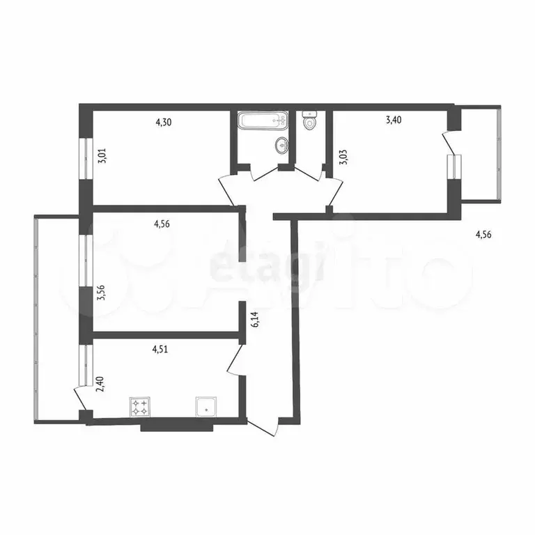3-к. квартира, 69,4 м, 5/9 эт. - Фото 0