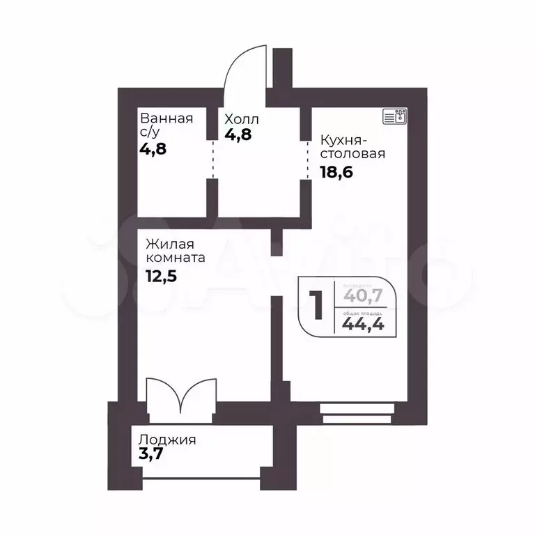 1-к. квартира, 40,7 м, 4/9 эт. - Фото 0