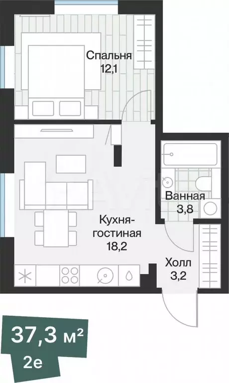 1-к. квартира, 37,3 м, 2/4 эт. - Фото 0