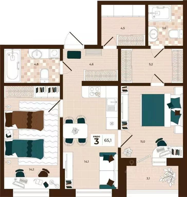 3-к кв. Тульская область, Тула ул. Академика Насоновой, 3 (65.1 м) - Фото 1