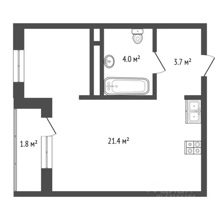 Студия Тюменская область, Тюмень ул. Виктора Тимофеева, 3 (30.9 м) - Фото 2