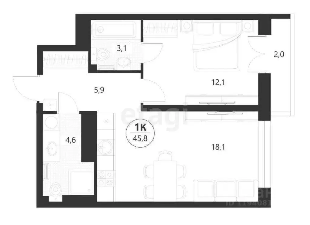 1-к кв. Тюменская область, Тюмень ул. Разведчика Кузнецова, 7 (45.8 м) - Фото 0