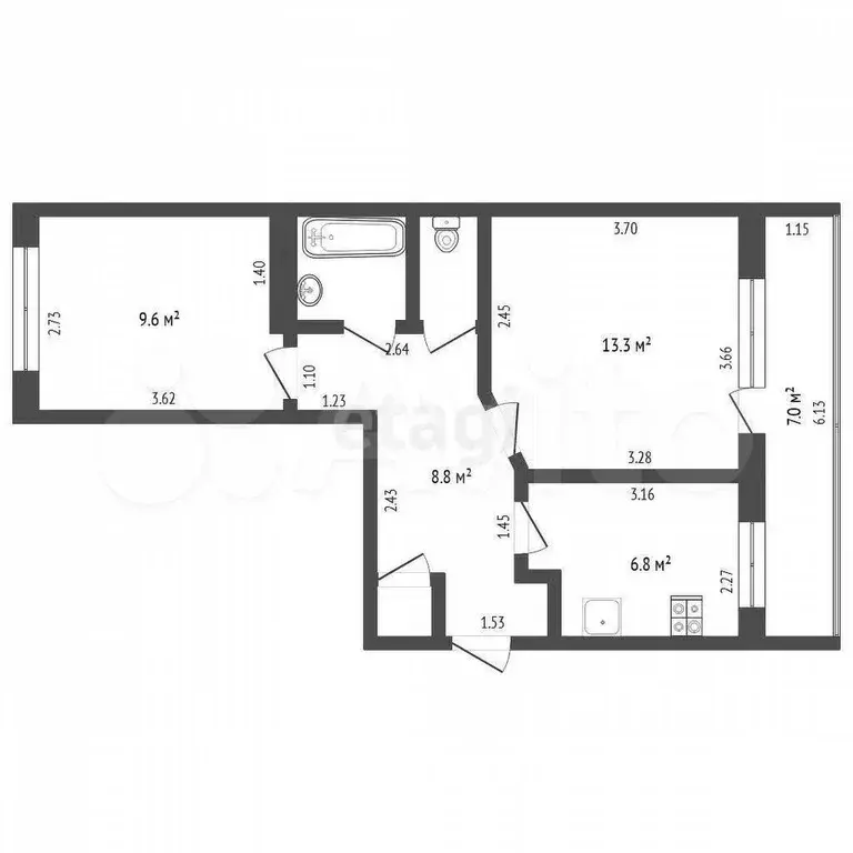 2-к. квартира, 48,9 м, 1/2 эт. - Фото 0