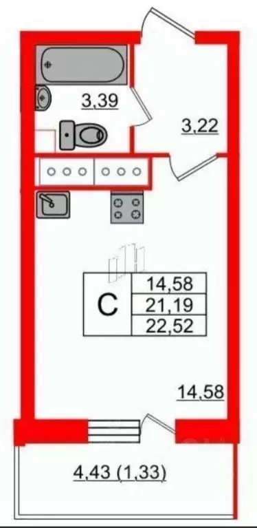 Студия Санкт-Петербург ул. Русановская, 20к1 (22.5 м) - Фото 1