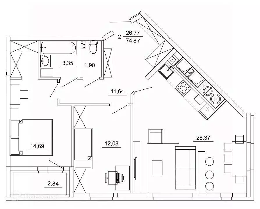 2-к кв. Рязанская область, Рязань ул. Земнухова (74.87 м) - Фото 0