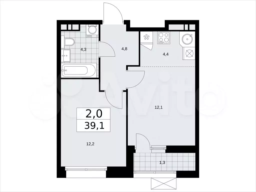 2-к. квартира, 39,1м, 7/7эт. - Фото 1