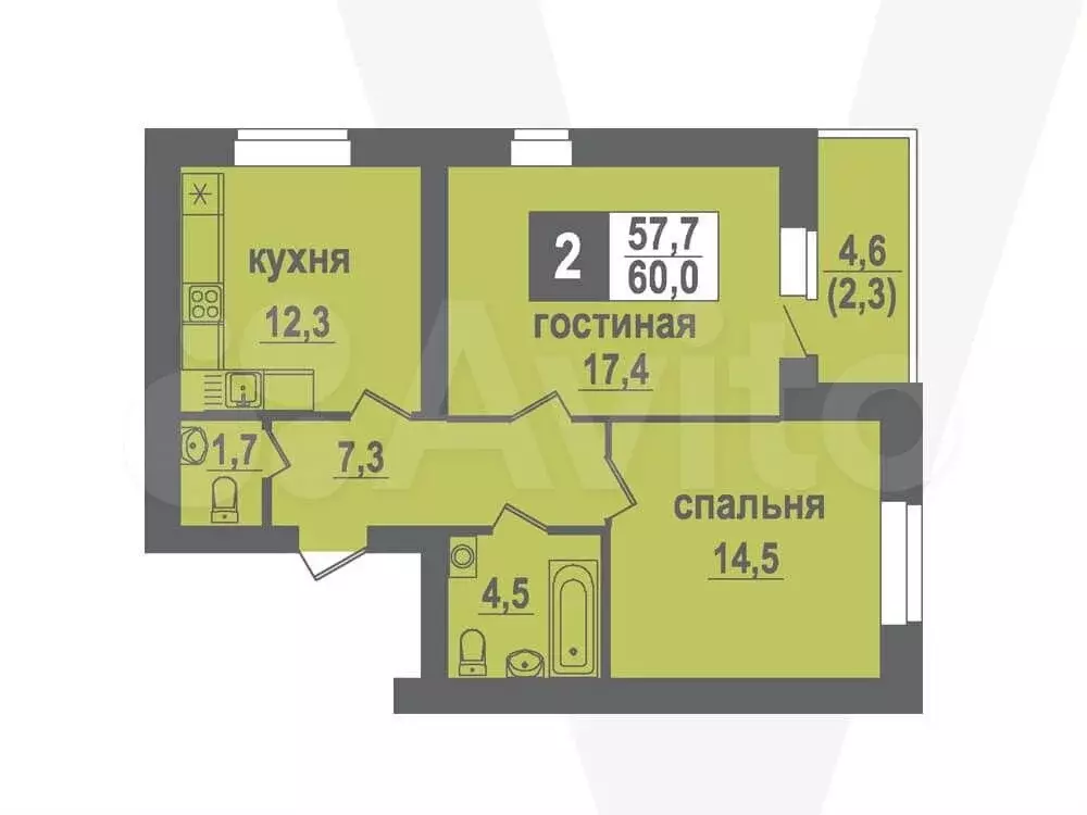 2-к. квартира, 60 м, 6/10 эт. - Фото 0