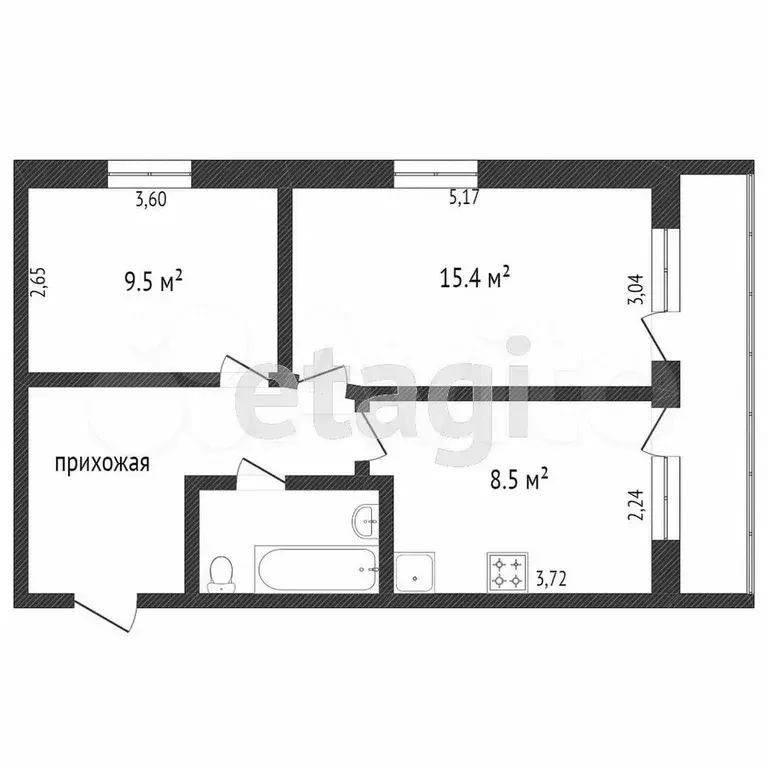 2-к. квартира, 45 м, 1/2 эт. - Фото 1