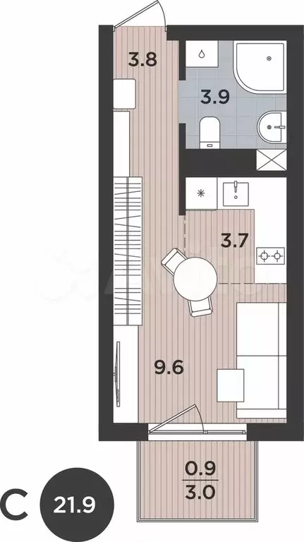 1-к. квартира, 21,9 м, 2/9 эт. - Фото 1