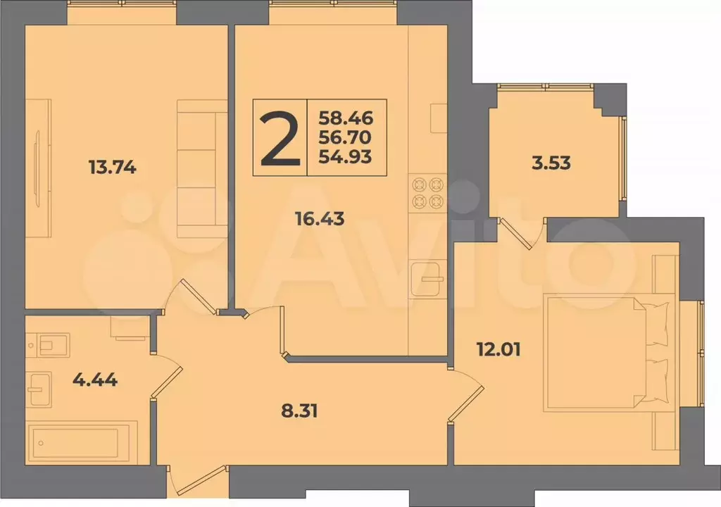 2-к. квартира, 58,5 м, 4/8 эт. - Фото 1