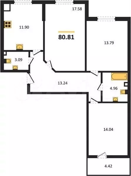 3-к. квартира, 80,8 м, 1/9 эт. - Фото 1