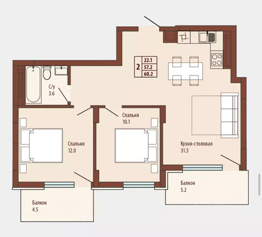 2-к кв. Калининградская область, Светлогорск Ольховая ул., 19к7 (66.0 ... - Фото 1