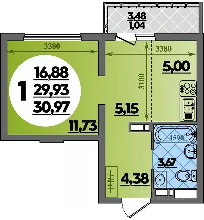 Студия Адыгея, Майкоп  (30.97 м) - Фото 1