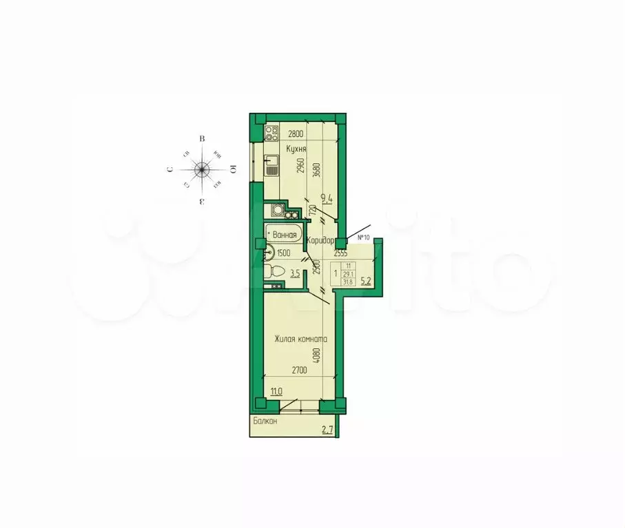 1-к. квартира, 31,8 м, 2/4 эт. - Фото 0