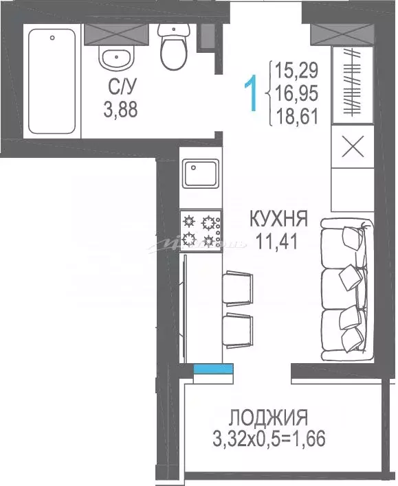 Студия Крым, Алушта ул. Багликова, 25 (16.95 м) - Фото 1