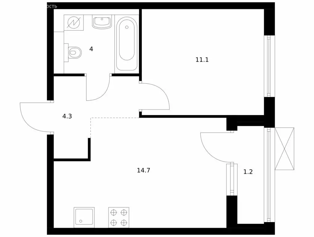 1-комнатная квартира: Ярославль, улица Академика Колмогорова, 24 (35.3 ... - Фото 1