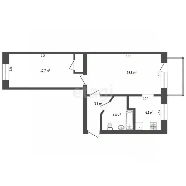 2-к кв. Тюменская область, Тюмень проезд Геологоразведчиков, 16 (44.8 ... - Фото 1