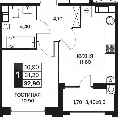 1-к. квартира, 32,9м, 2/20эт. - Фото 1