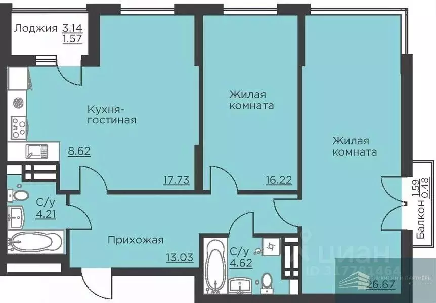 2-к кв. Воронежская область, Воронеж ул. Ломоносова, 116Б (93.2 м) - Фото 0