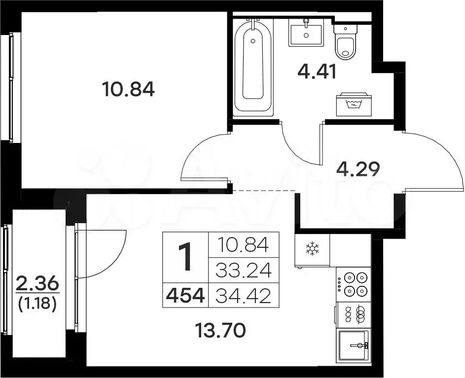 1-к. квартира, 34,4 м, 2/17 эт. - Фото 0