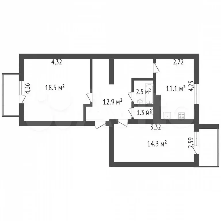 2-к. квартира, 57,5 м, 6/6 эт. - Фото 0